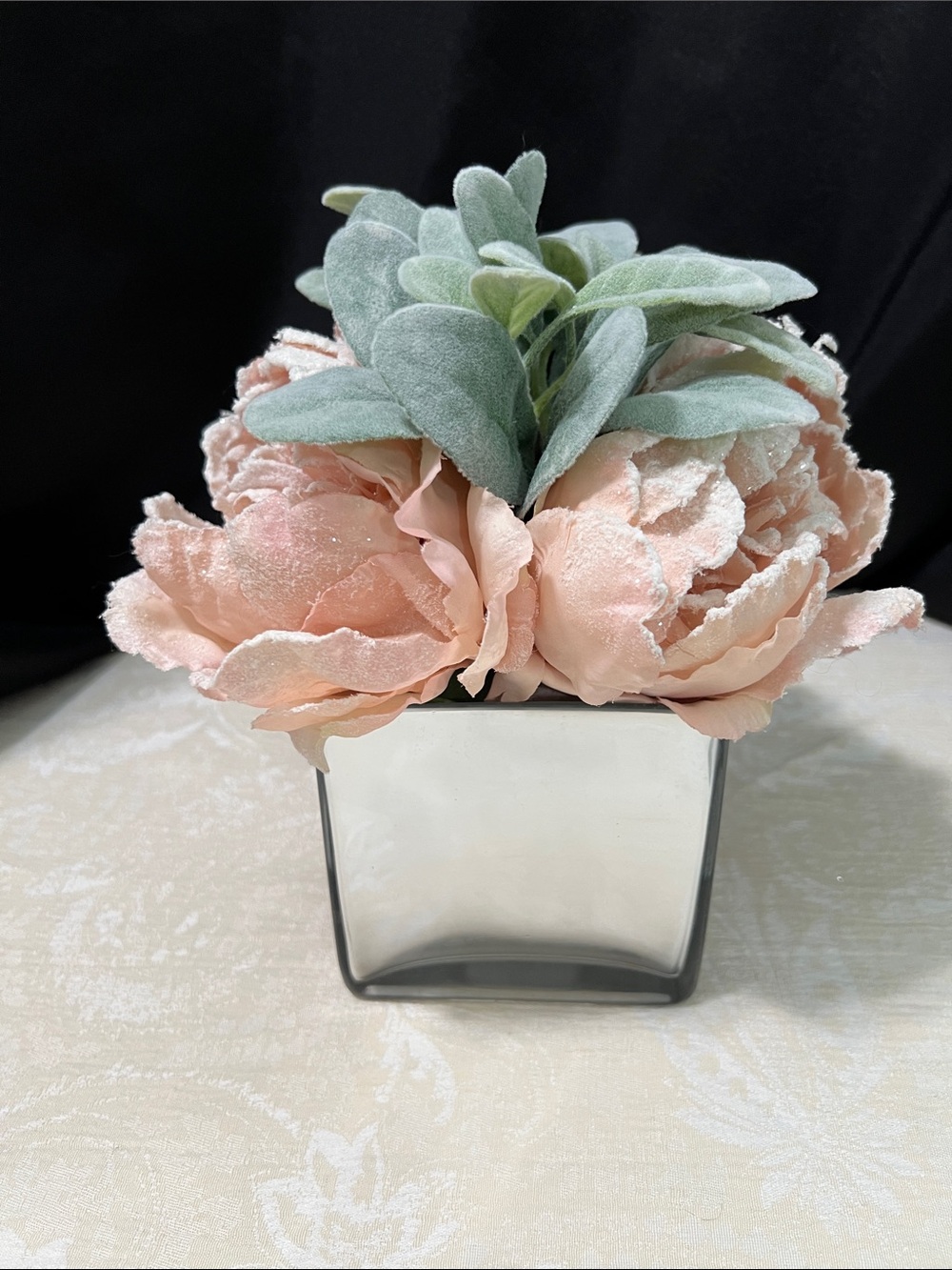Source Unknown Peach Peony Faux Floral with Silvery Green Foliage in Clear Vase